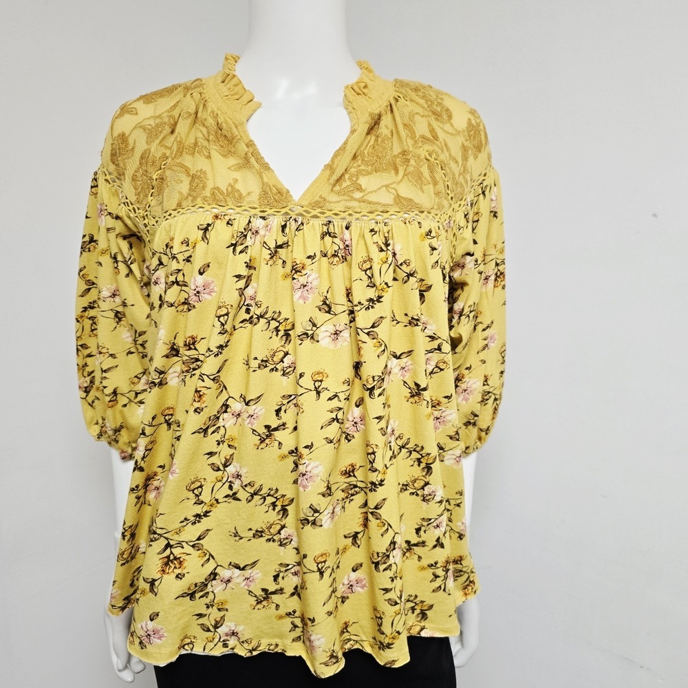 Sundance Blouse Top Size S Yellow Floral Lace Embroidered 3/4 Sleeve Florence